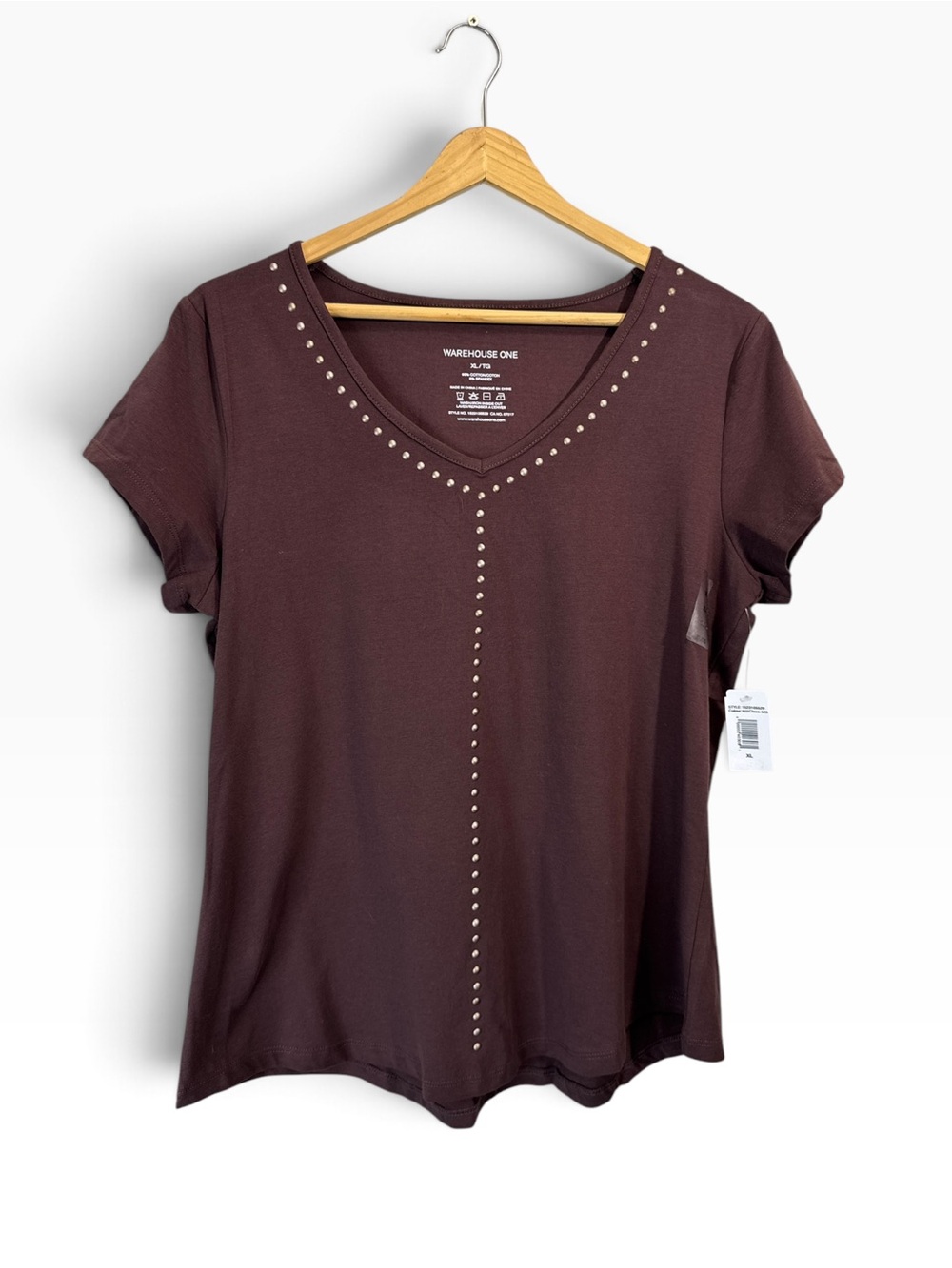 Warehouse One Stud Detail Brown V-Neck Short Sleeve Top Size XL NWT